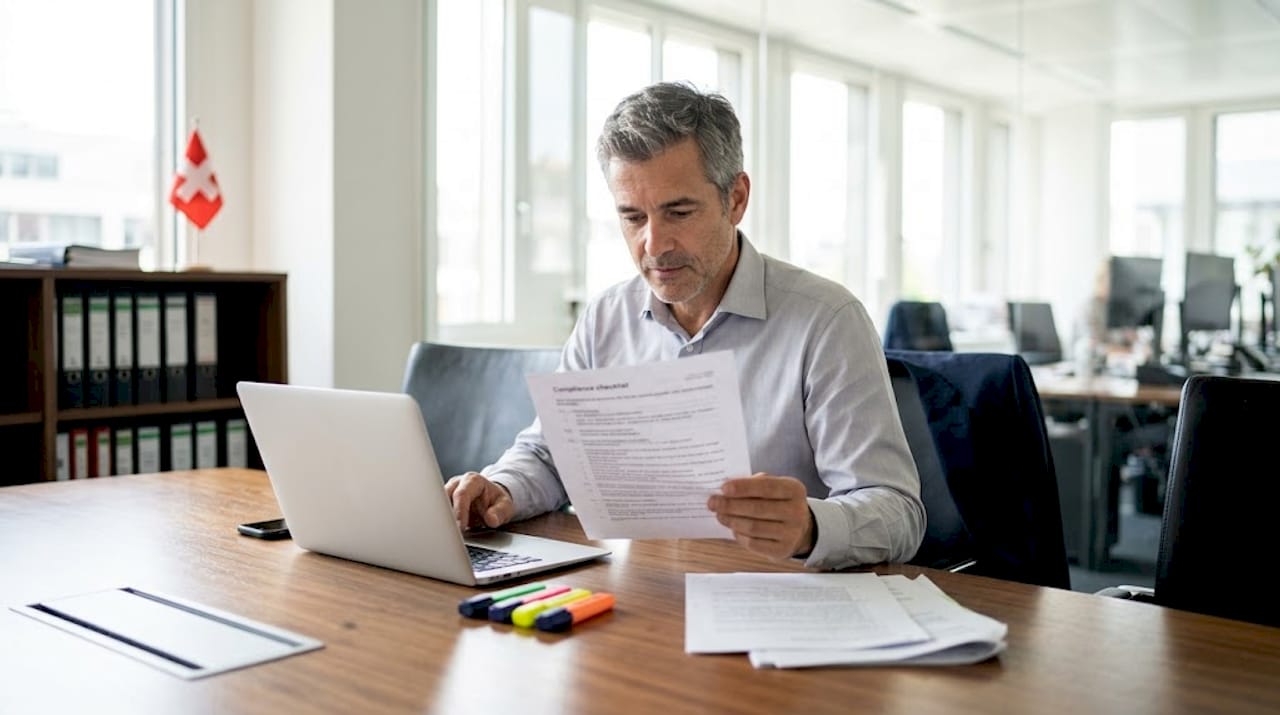 Executive reviews compliance checklist in Swiss office