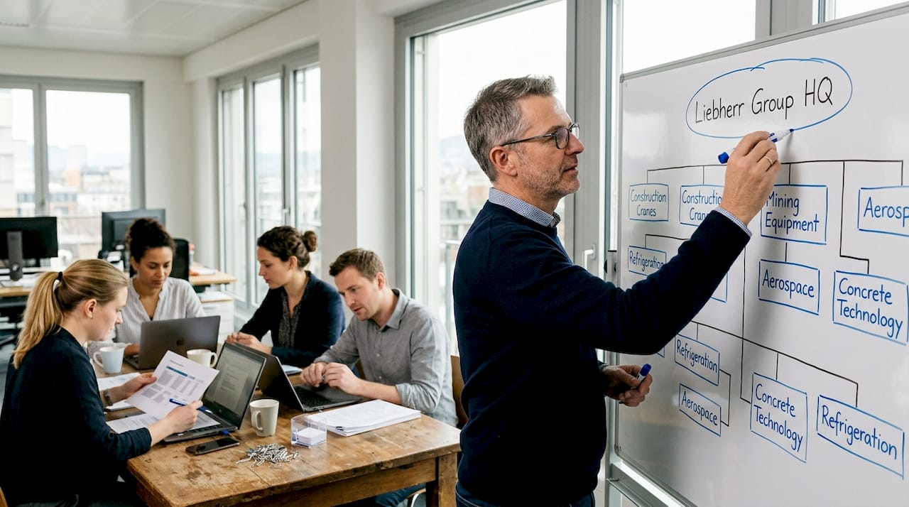 Team updating divisional org chart on whiteboard