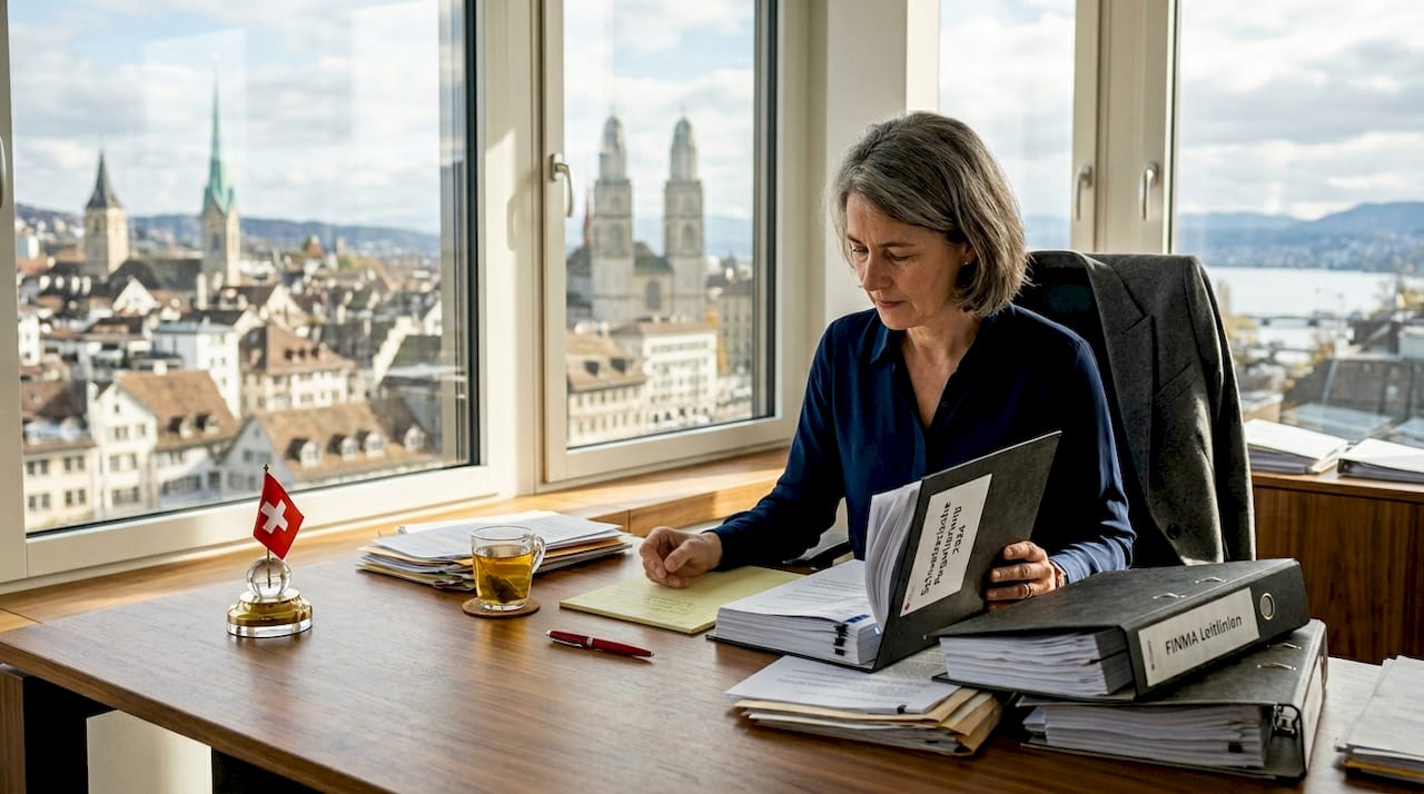 Swiss executive reviewing company structure documents