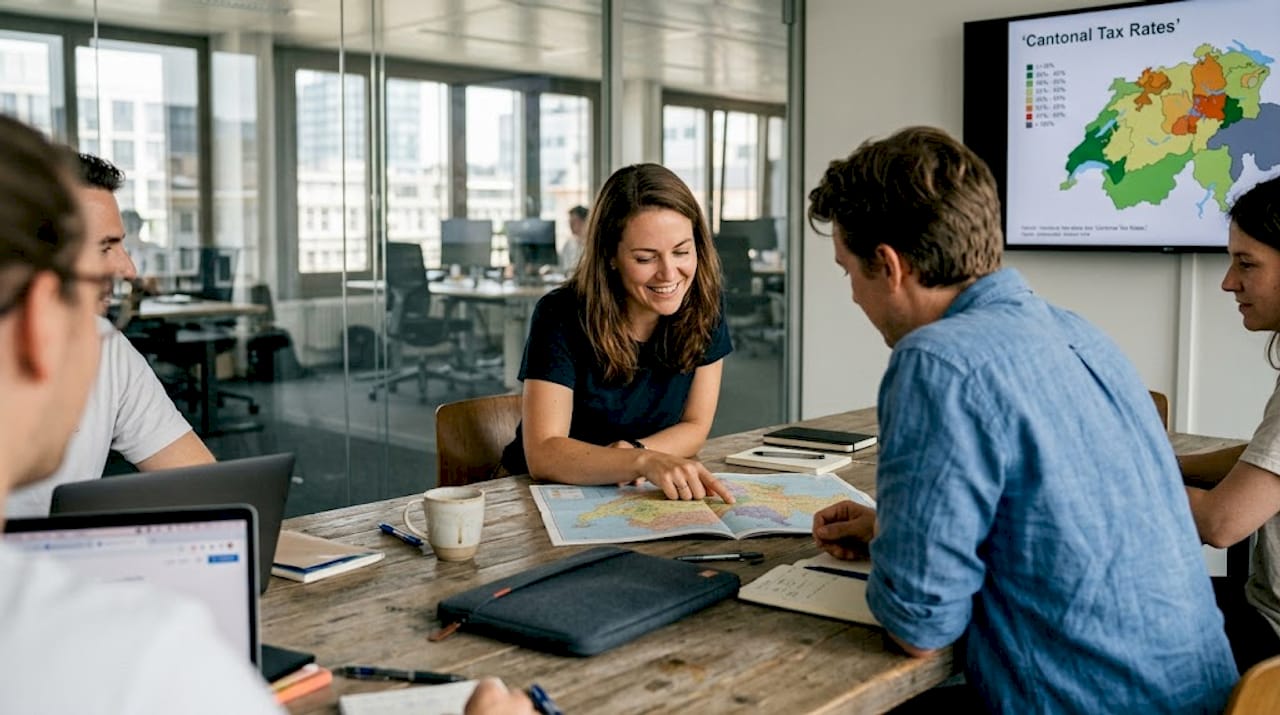 Team discussing Swiss canton choices