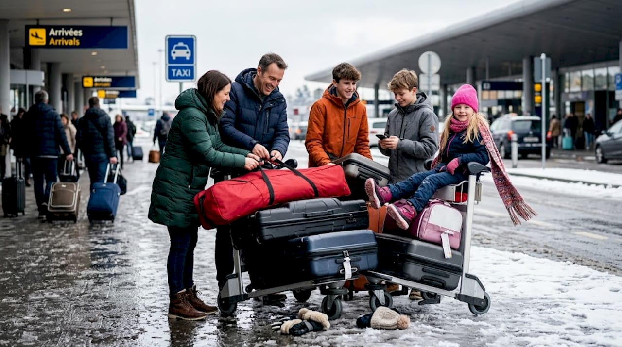 Family loading skis at snowy airport curb
