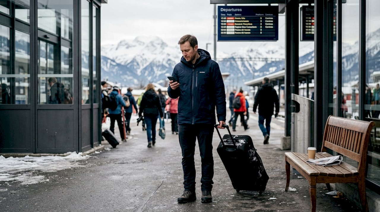 Traveler at Geneva Airport awaiting winter transfer
