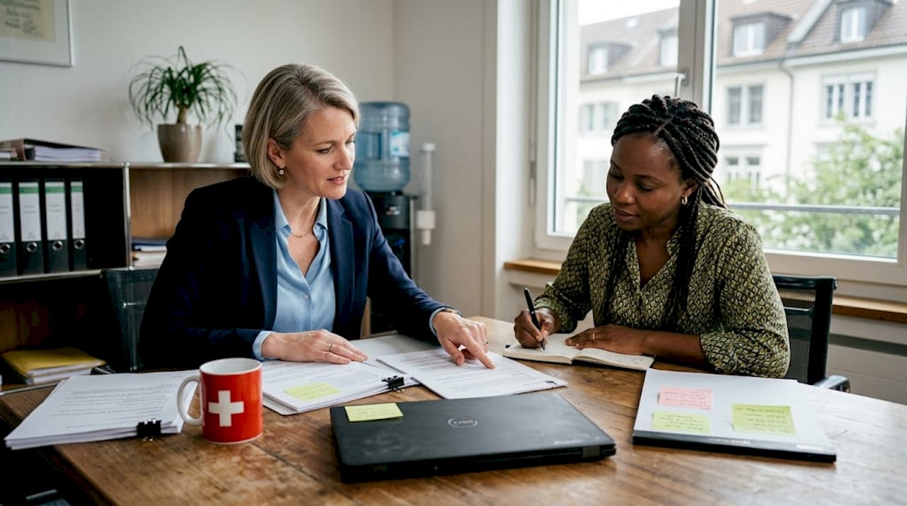 Swiss legal advisor and client reviewing papers