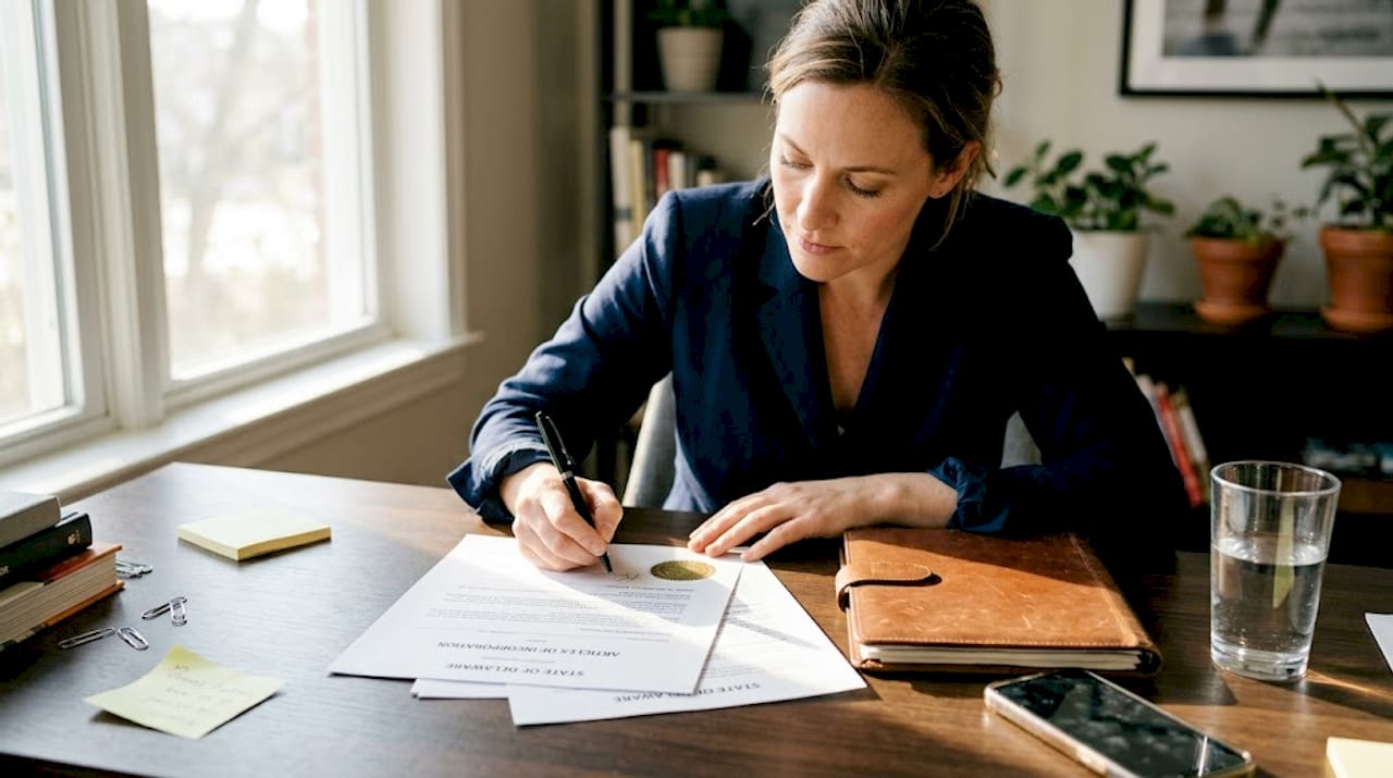 Director signing documents at home desk