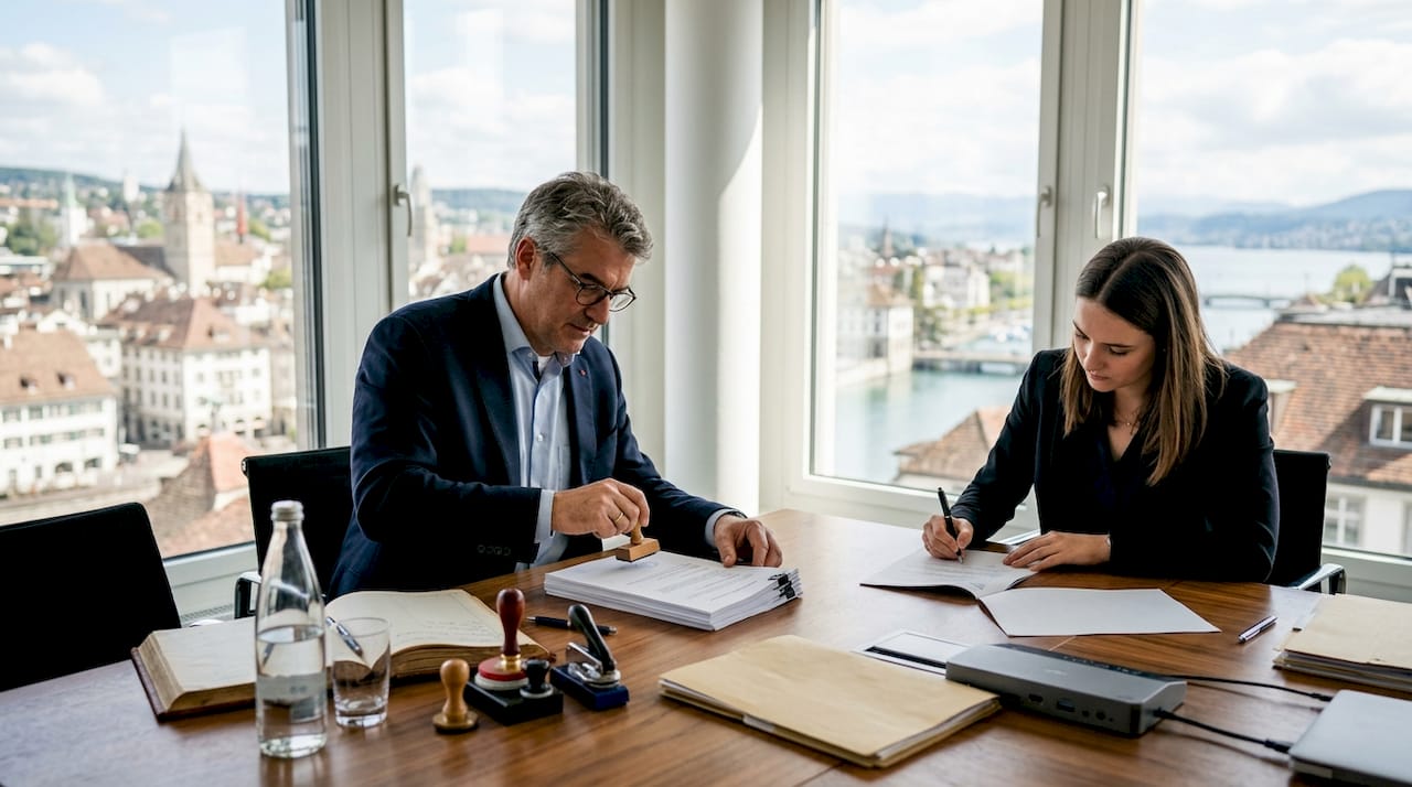 Swiss notary and client formalizing documents