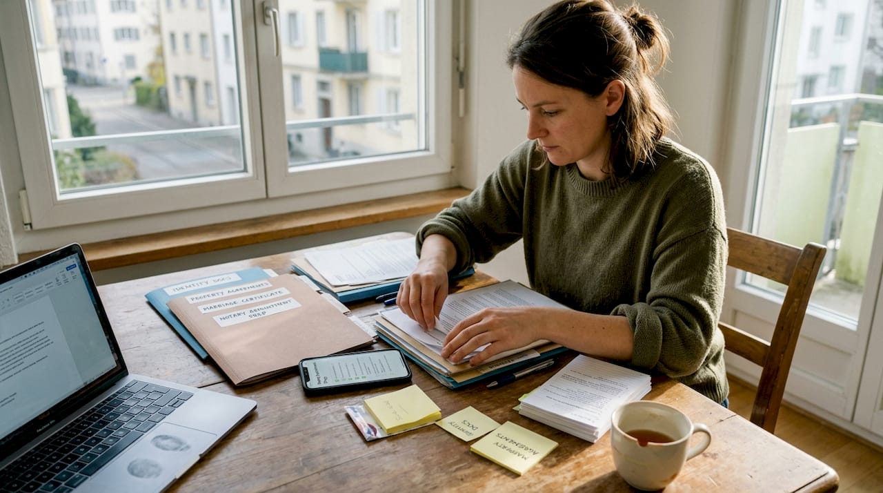 Swiss woman organizing notary documents at home