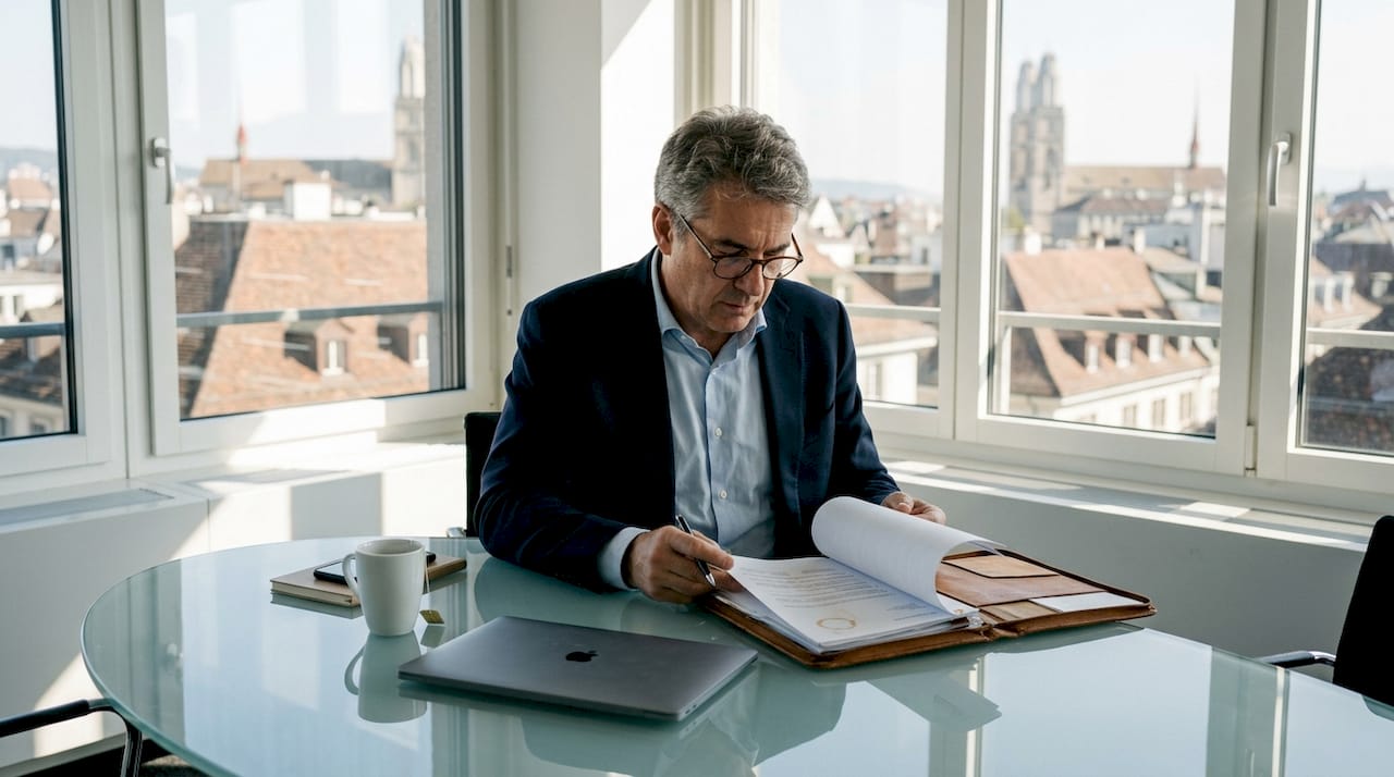 Businessman reviewing confidential documents in office