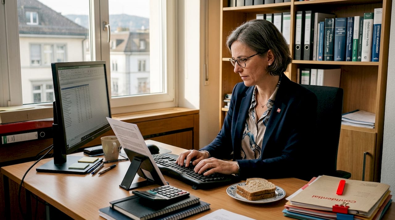 Executive typing at cluttered desk in Swiss office