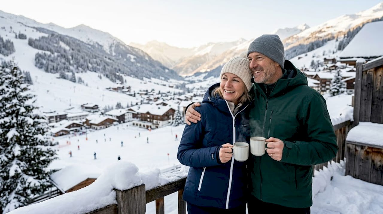 Couple waiting for ski transfer outside airport