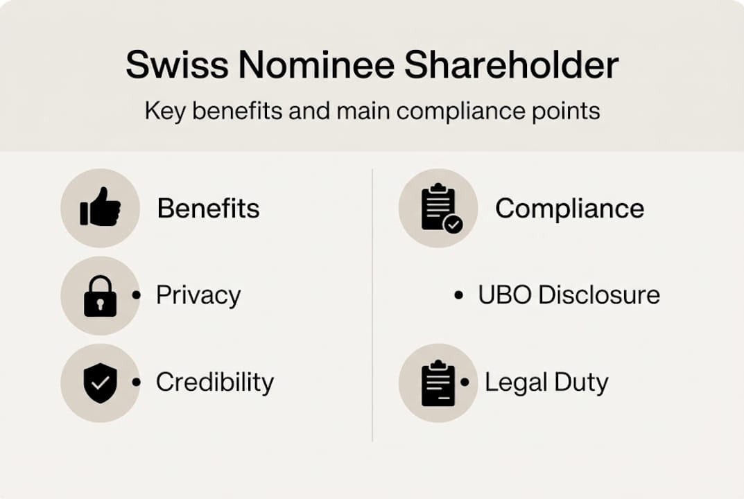 Infographic showing Swiss nominee shareholder benefits and compliance