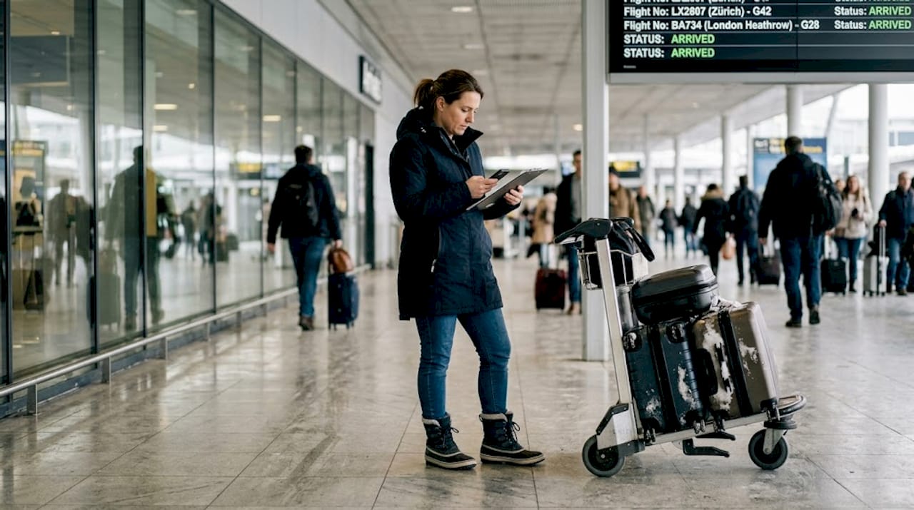 Airport coordinator arranging ski transfer