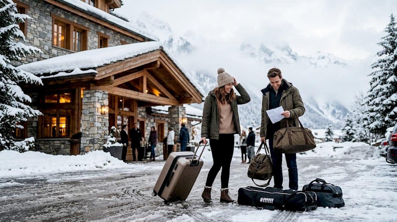 Passengers arrive at snowy ski resort by van
