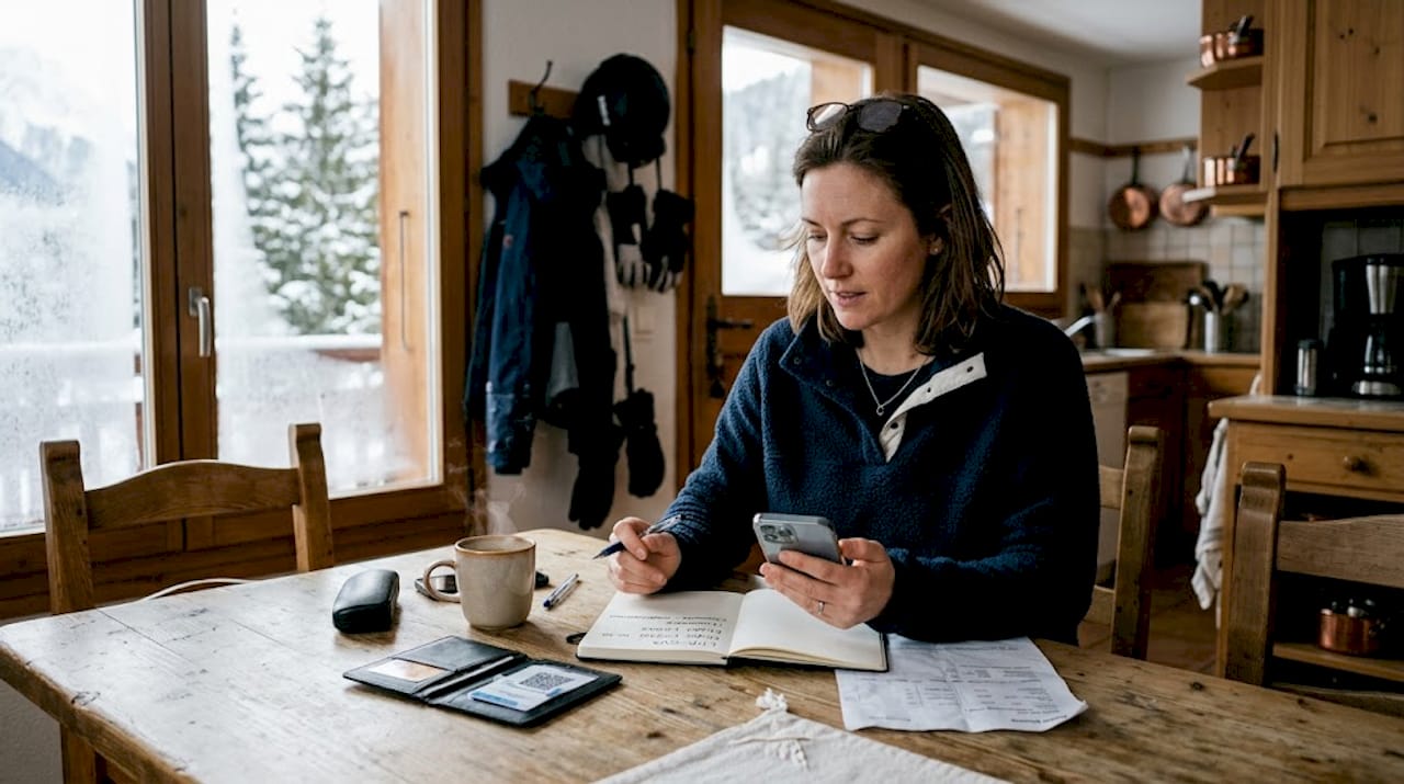 Traveler booking Geneva ski transfer in chalet kitchen