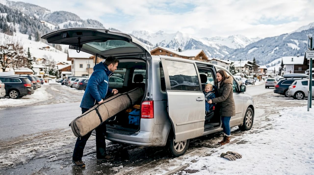 Family loads ski luggage into minivan