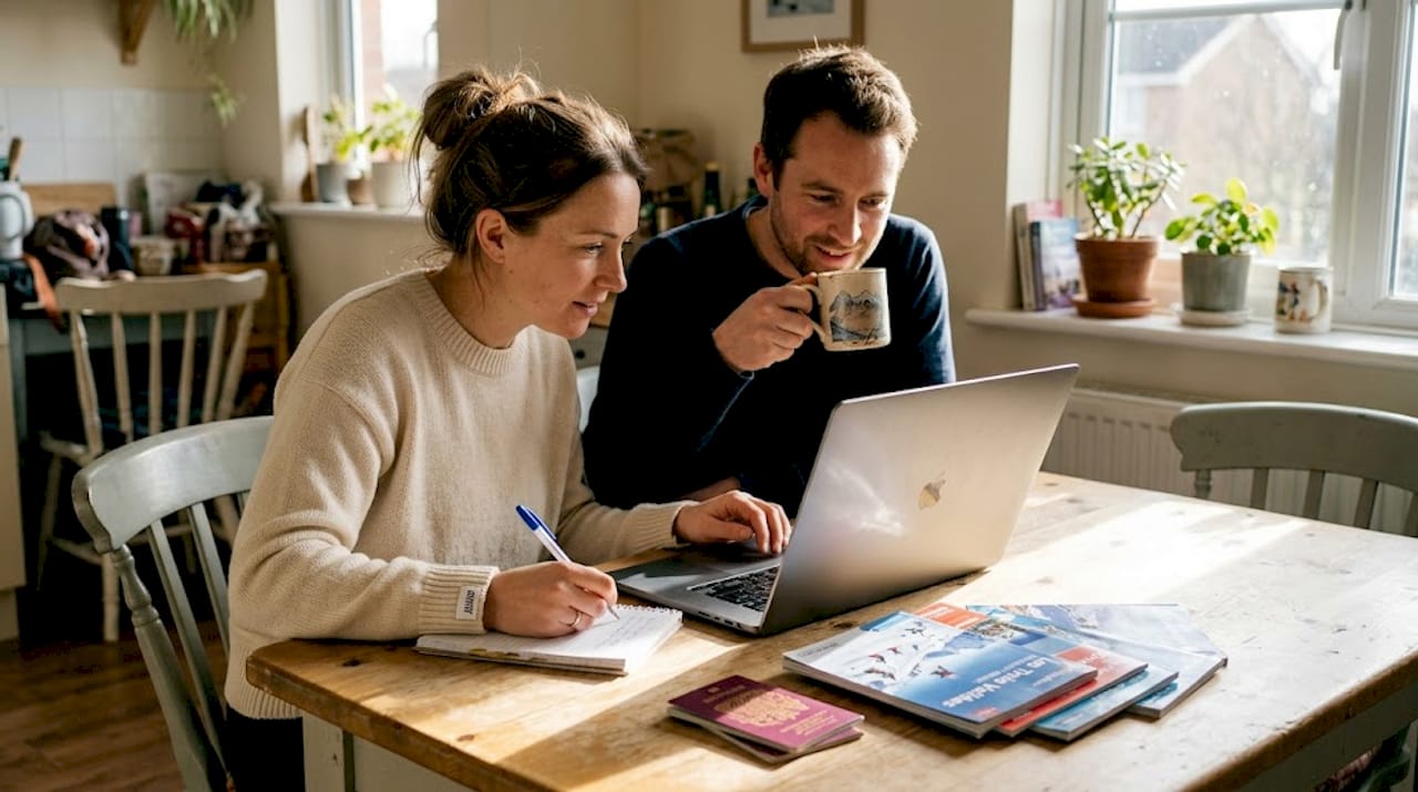 Couple booking ski transfers at kitchen table