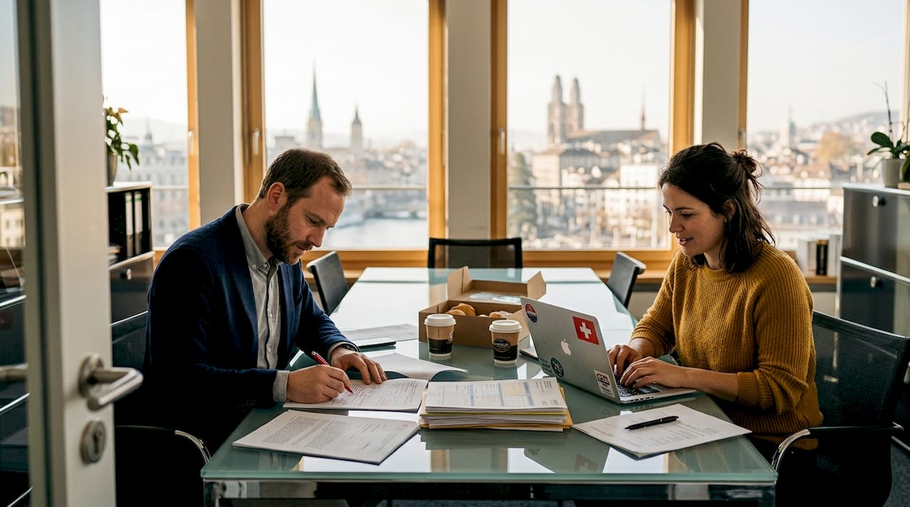 Entrepreneurs prepare Swiss GmbH documents in Zurich office