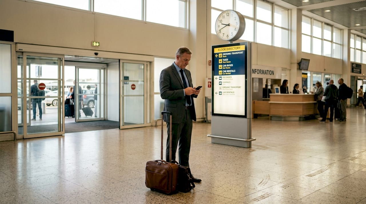 Traveler checks phone near airport arrivals
