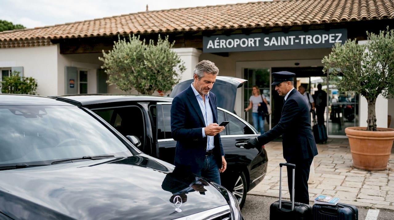 Man arriving at Saint-Tropez airport by sedan