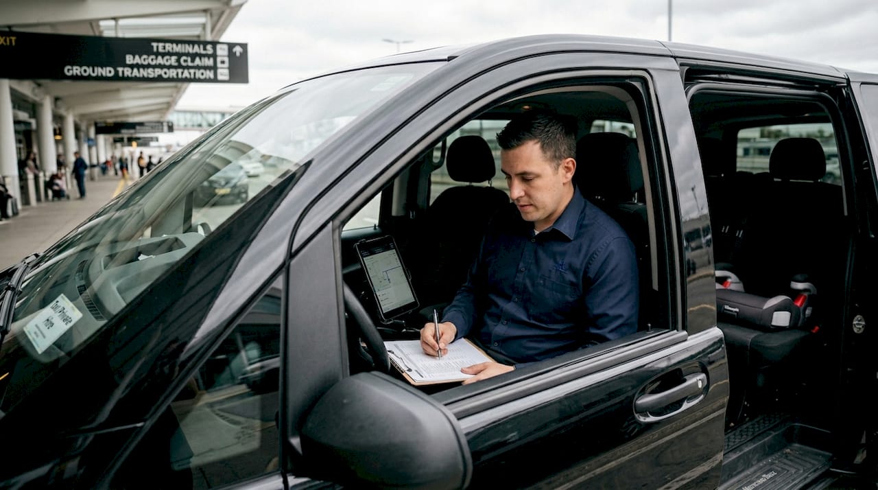 Driver waits with tablet near airport curb