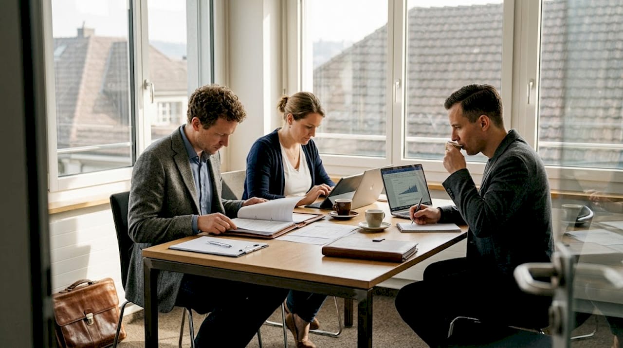 Entrepreneurs review documents in Swiss office