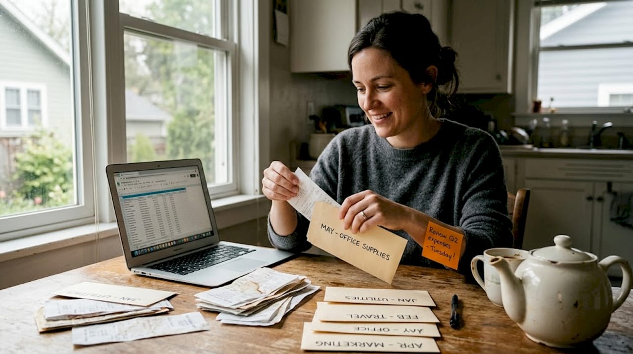 Entrepreneur organizing receipts for bookkeeping