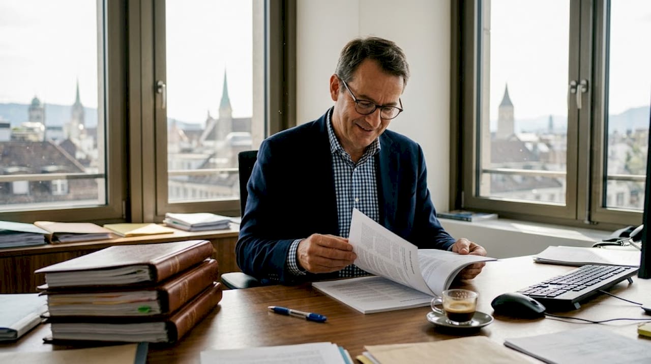 Swiss finance manager reviewing annual report