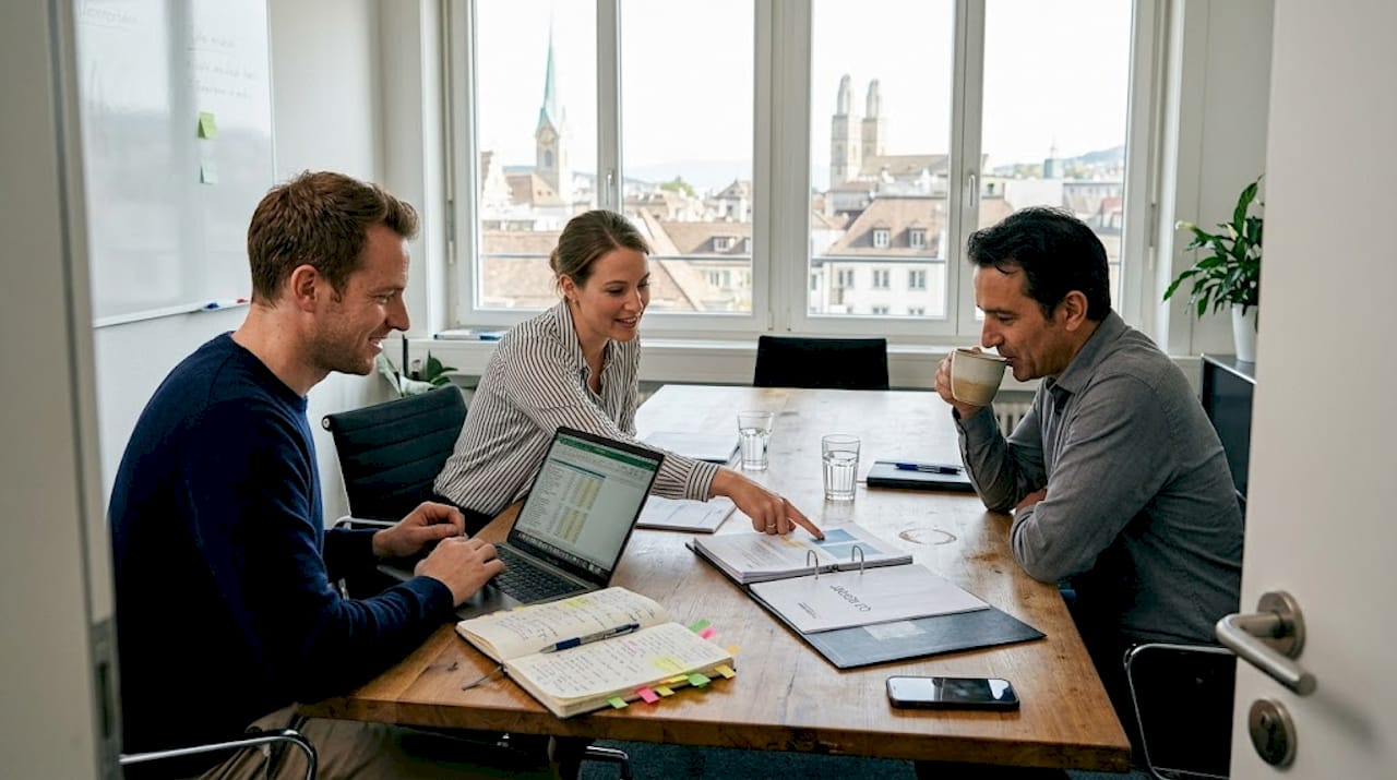 Swiss business team reviewing compliance documents