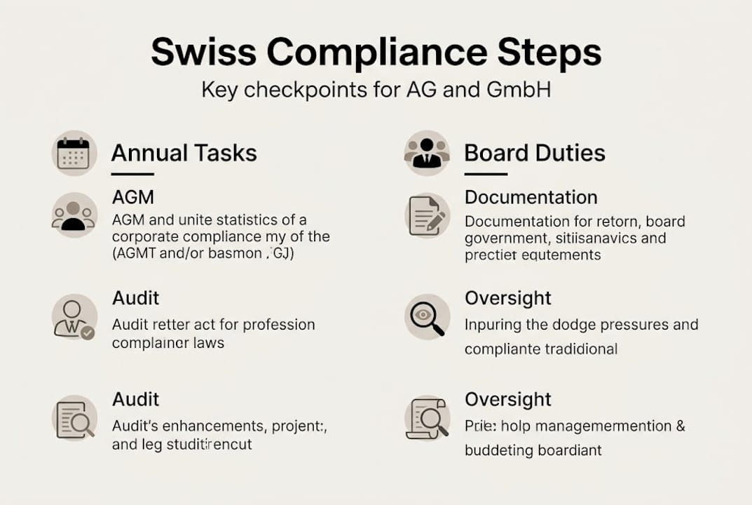 Infographic with Swiss compliance steps and duties