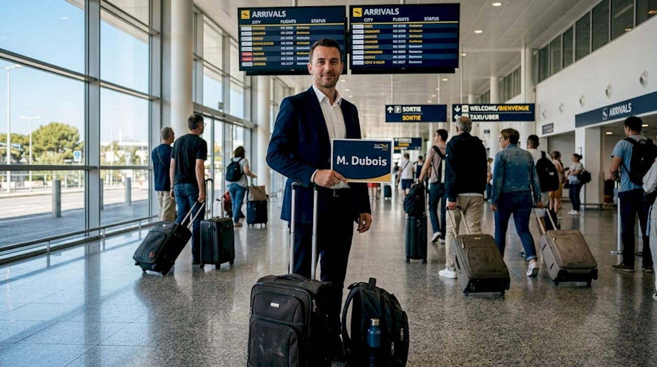 Driver waiting in Nice Airport arrivals hall