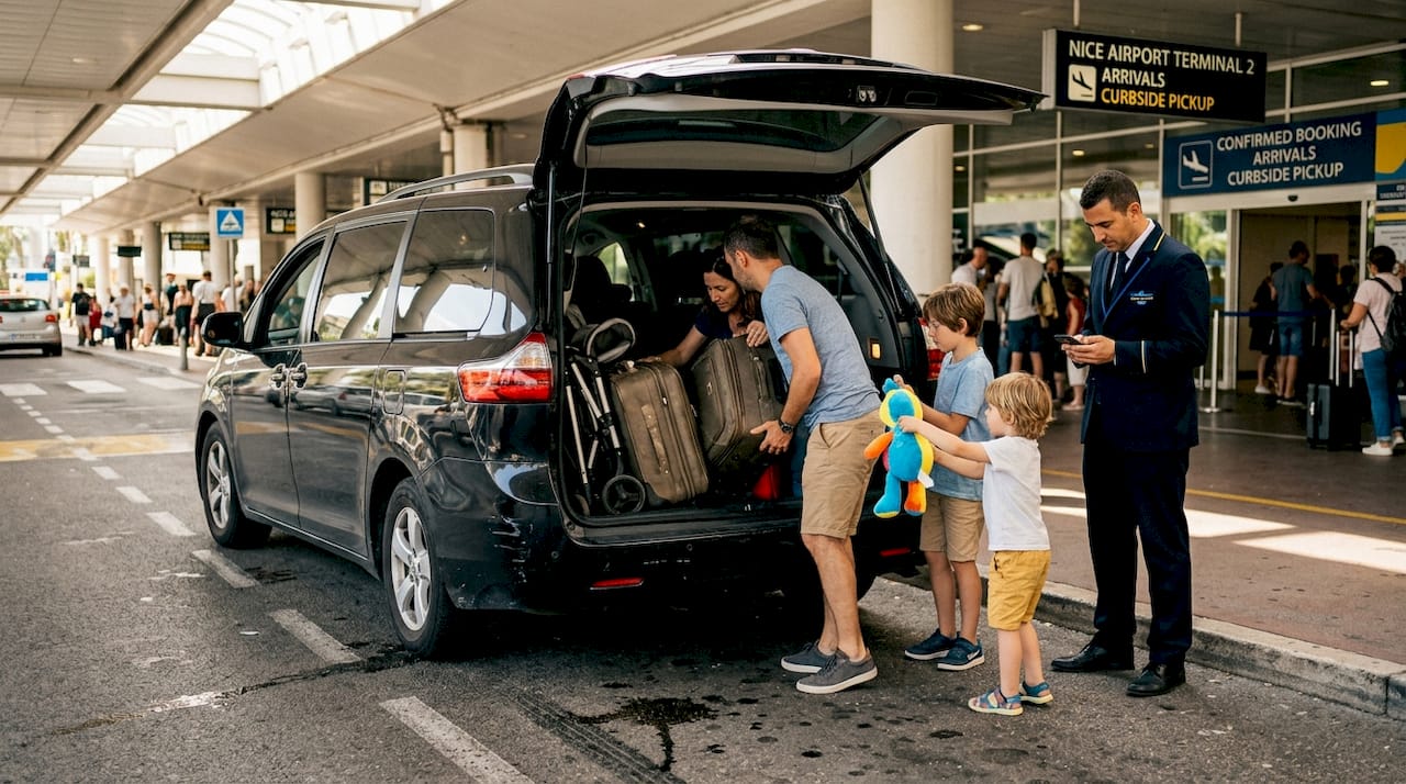 Family loads luggage in airport minivan transfer
