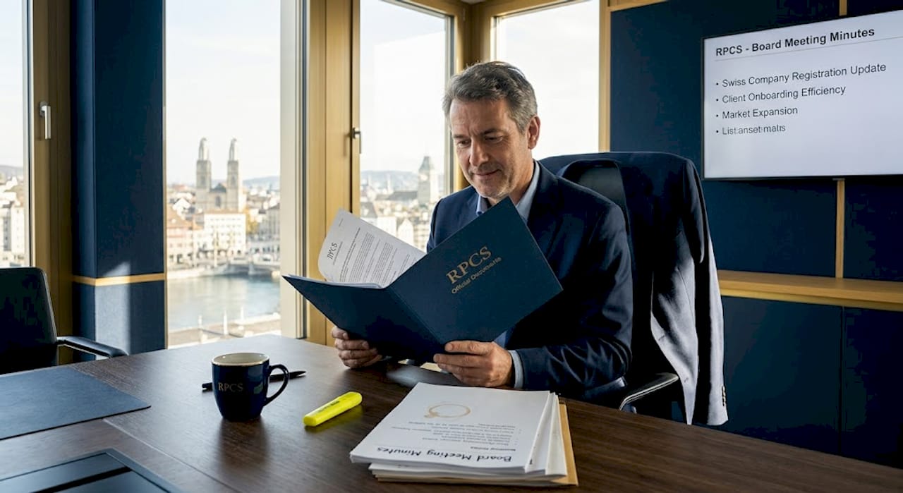 Swiss executive reviewing company documentation