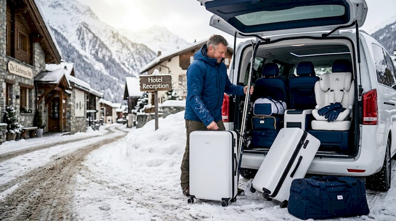 Loading ski equipment into Alpine minibus