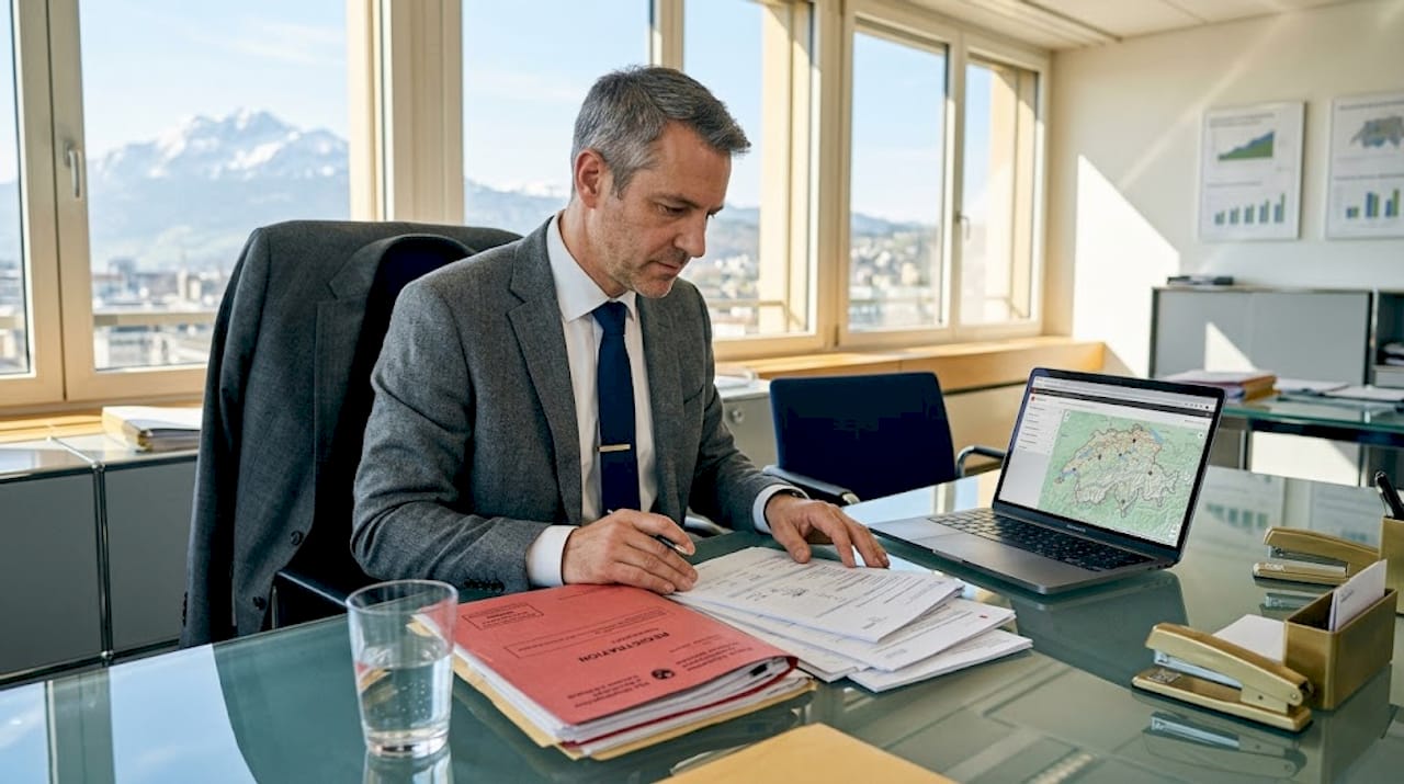 Consultant reviewing documents in Swiss office