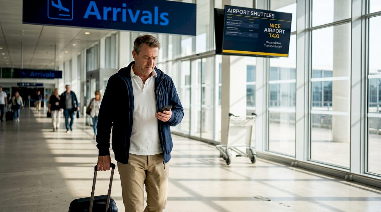 Traveler checking phone in Nice Airport arrivals
