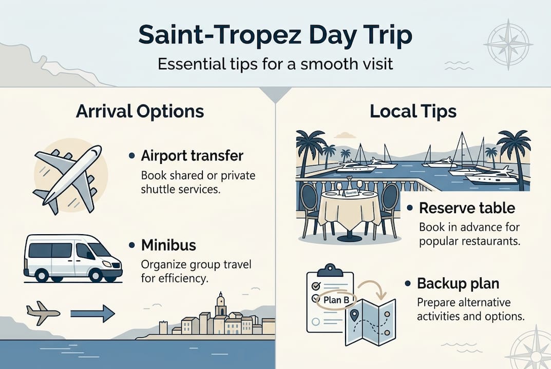 Infographic showing arrival options and local Saint-Tropez tips