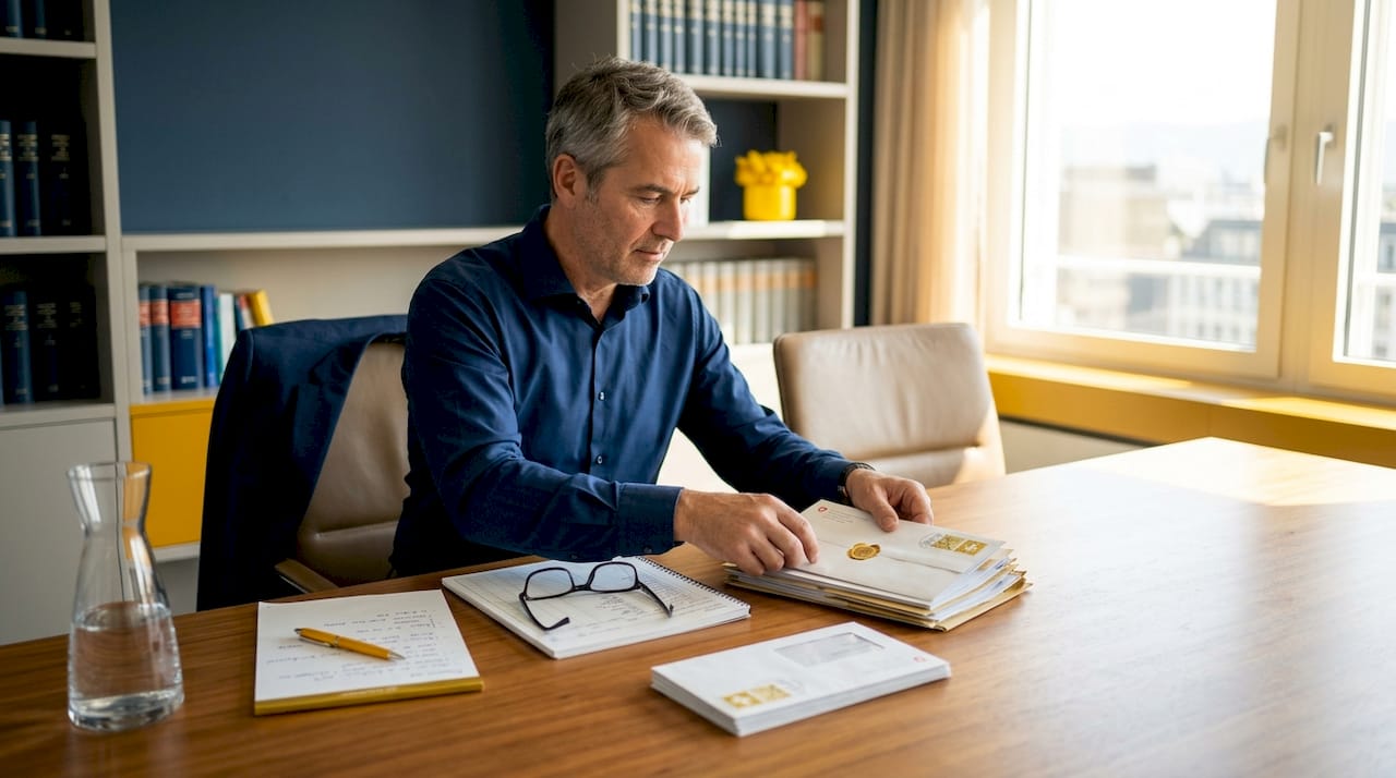 Swiss office with business owner reviewing liquidation paperwork