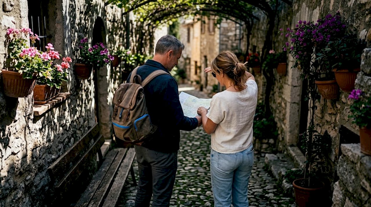 Couple exploring cobbled lanes in Èze