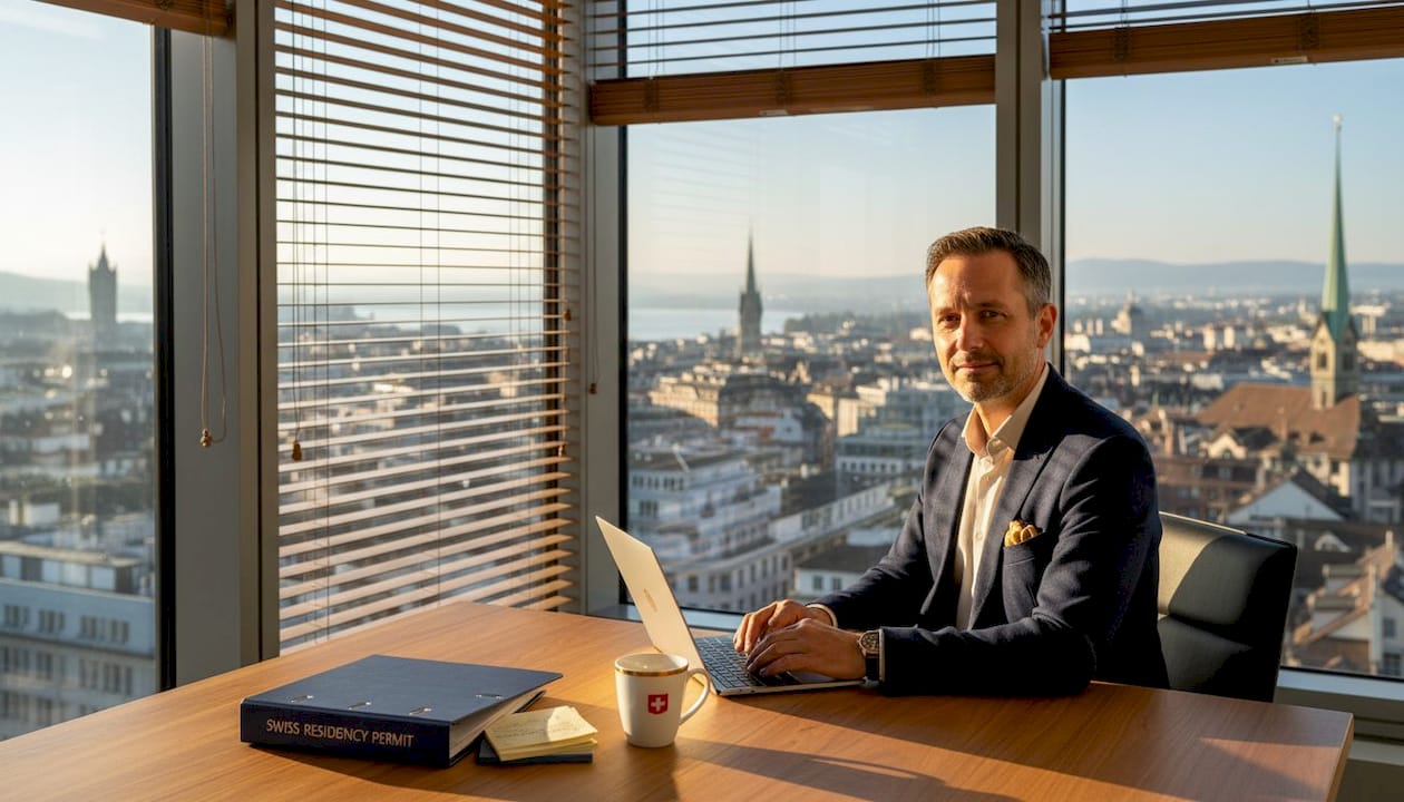 Entrepreneur reviewing residency paperwork in Swiss office