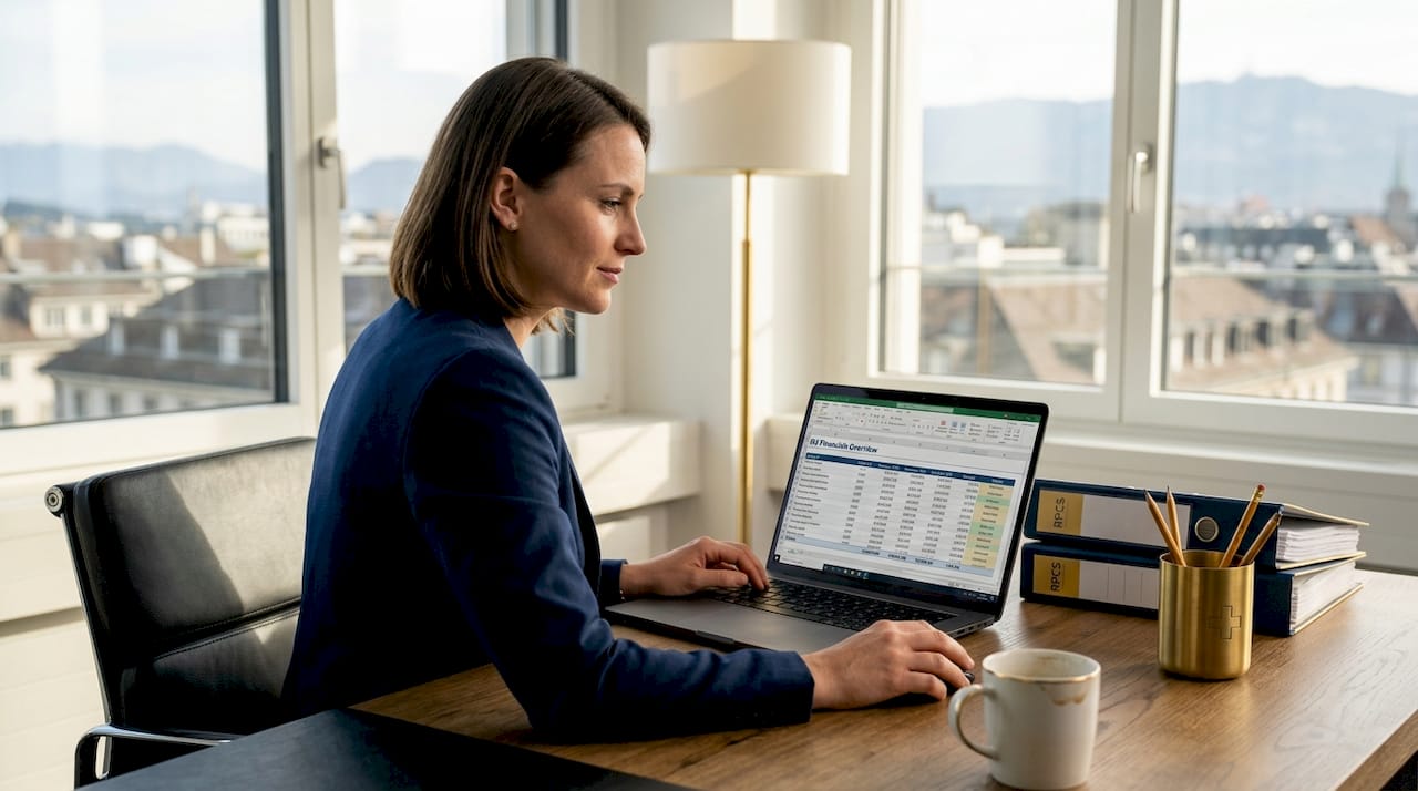 Swiss businesswoman reviewing financial reports in sunny corner office