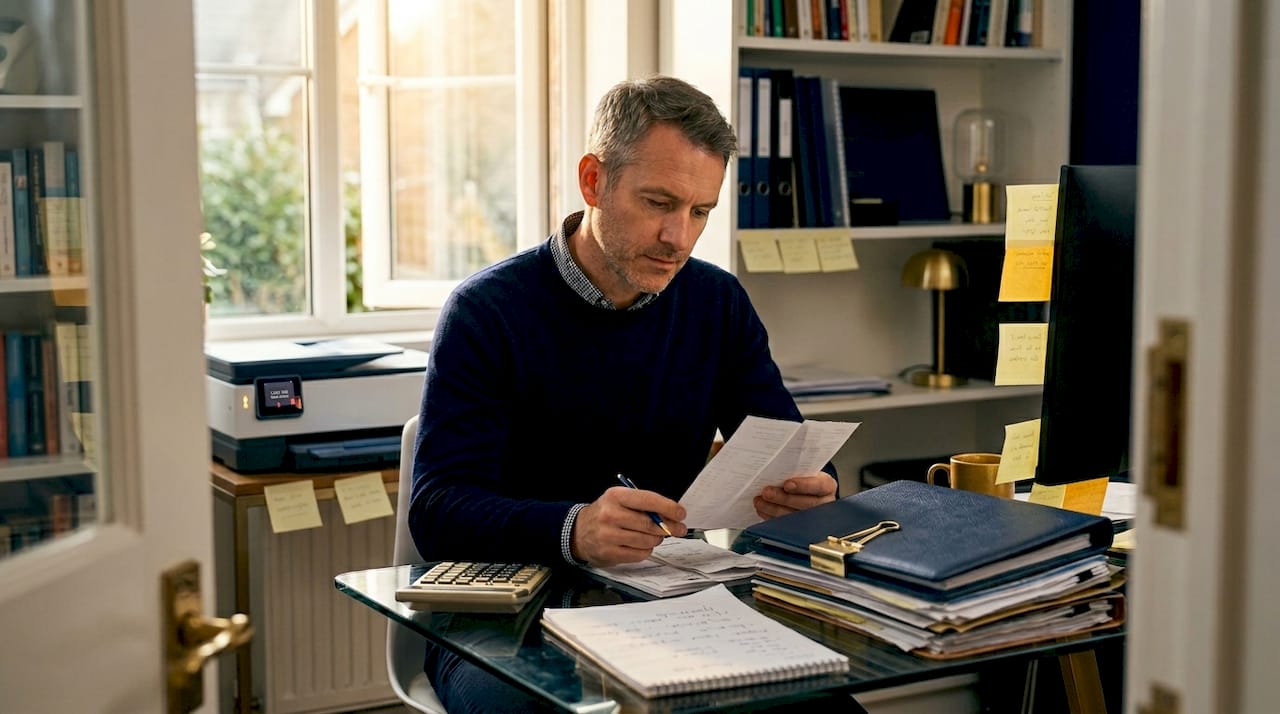 Entrepreneur reviewing VAT paperwork in home office
