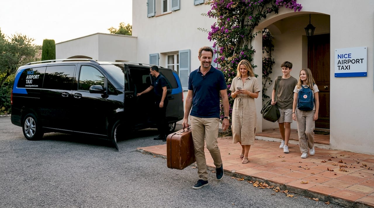 Family arriving at Riviera villa by transfer van