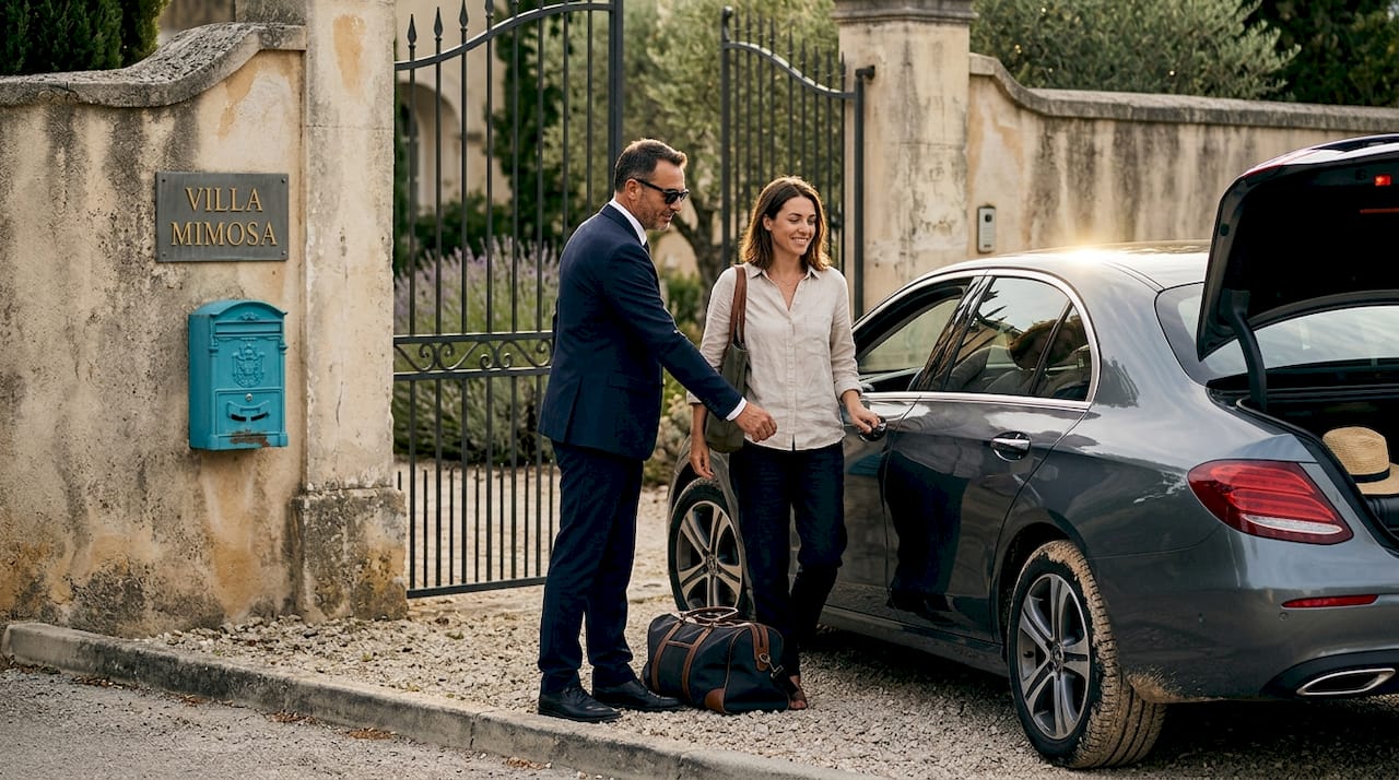 Chauffeur assisting guest at Riviera villa gate