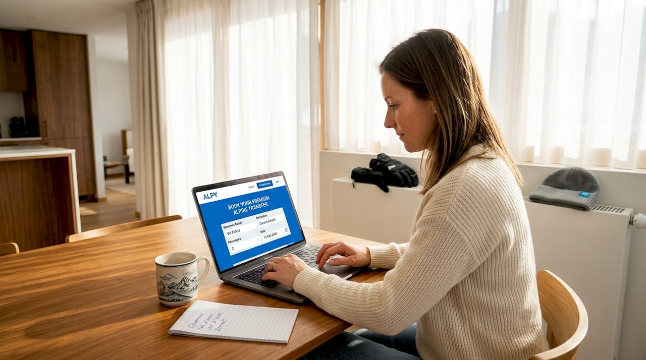 Woman booking Geneva ski transfer at kitchen table