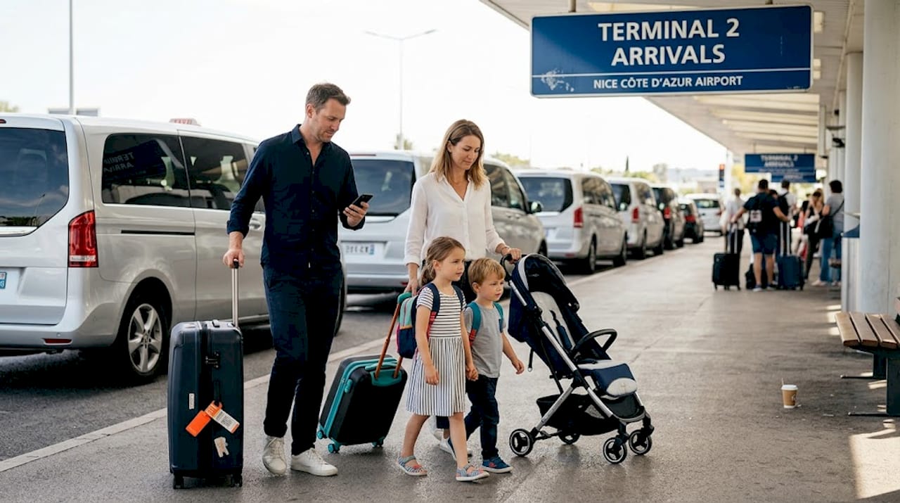 Family with luggage at Nice Airport curb