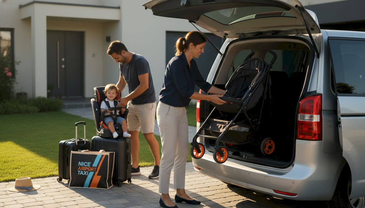 Family loading luggage into airport minivan