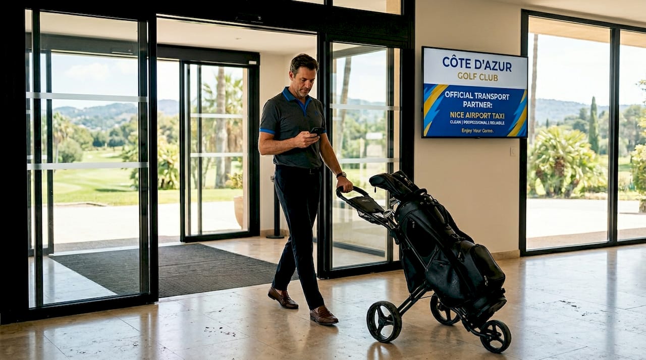 Traveler arriving at Côte d'Azur golf clubhouse
