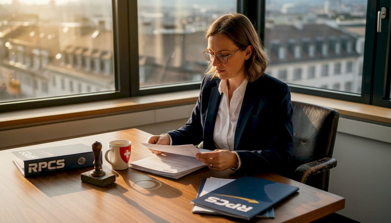 Legal representative reviewing documents in Zurich office