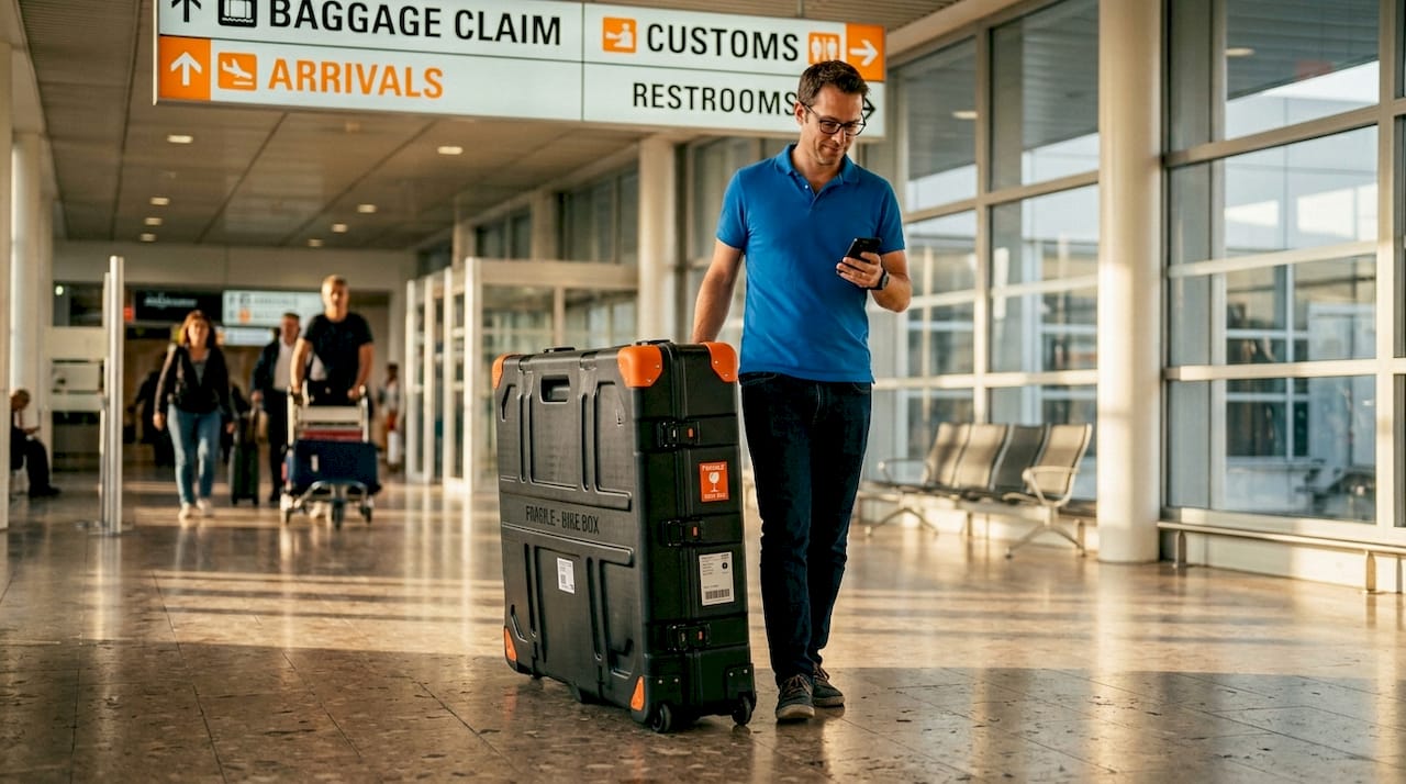 Cyclist arriving with bike at Nice airport