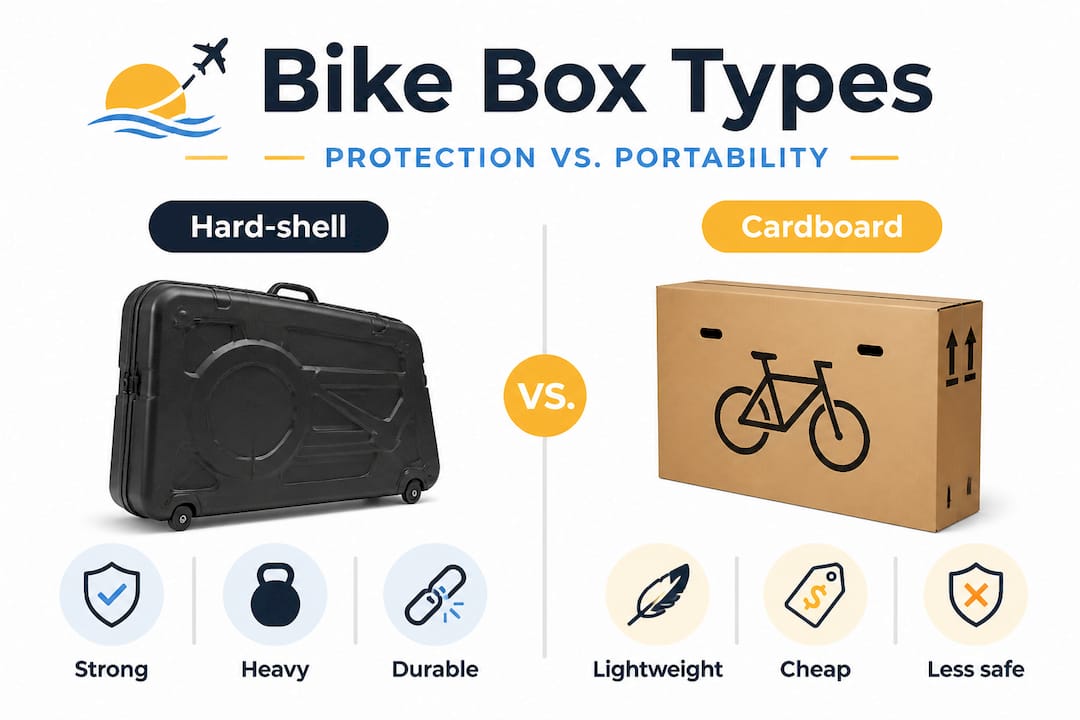 Infographic comparing hard-shell and cardboard bike boxes