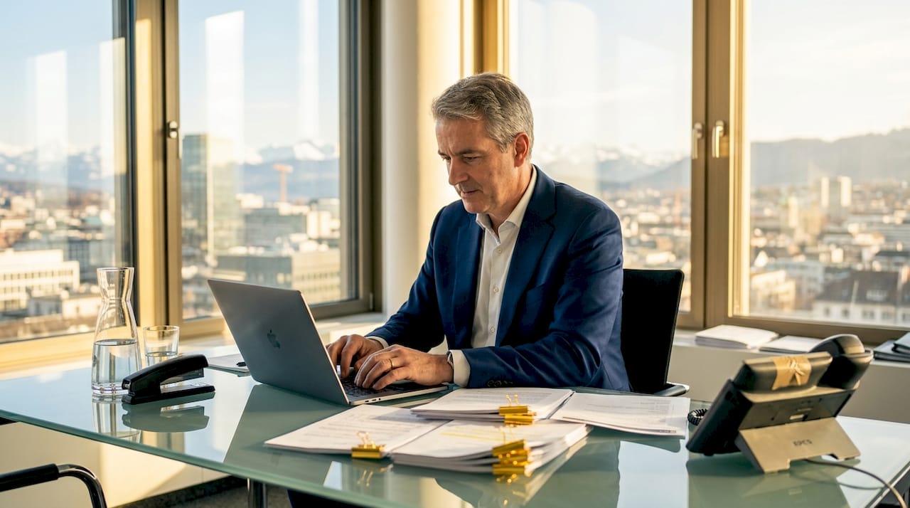 Swiss executive working in Zurich office